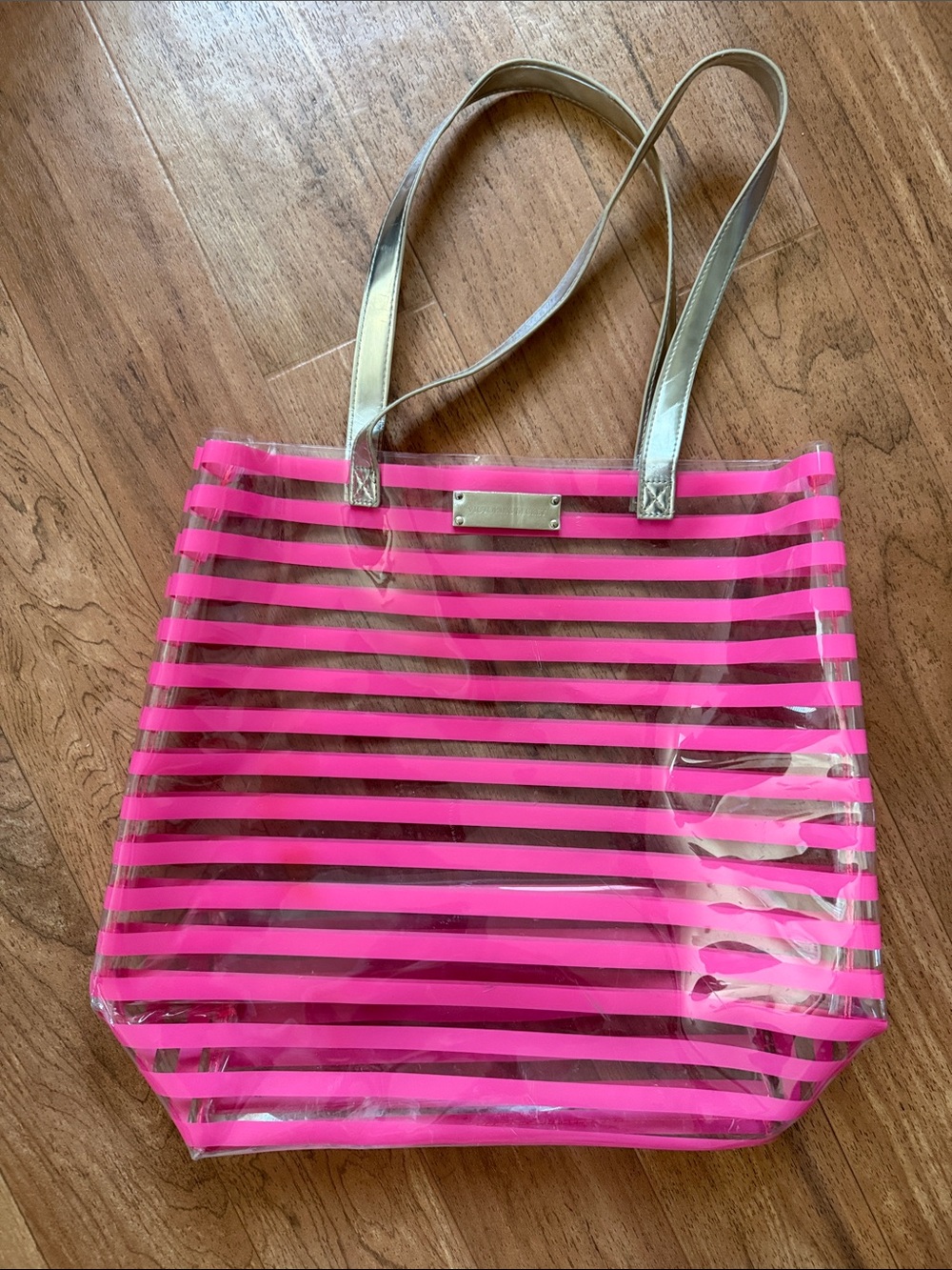 Victoria's Secret Clear Tote with Hot Pink Stripes and Silver Handles